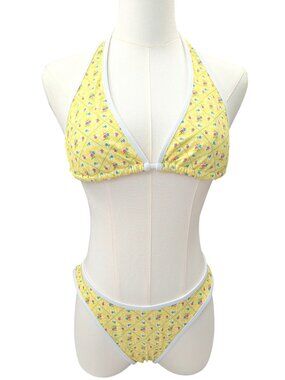 NWT! Pink X Frankie's Bikinis Yellow Floral Bikini Set Halter Cheeky Size S